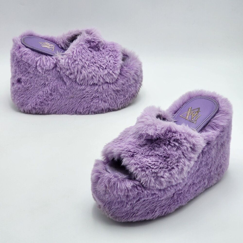 YRU Gravity Faux Fur Fuzzy Platform Slides Sandals Lavender Purple Size 7